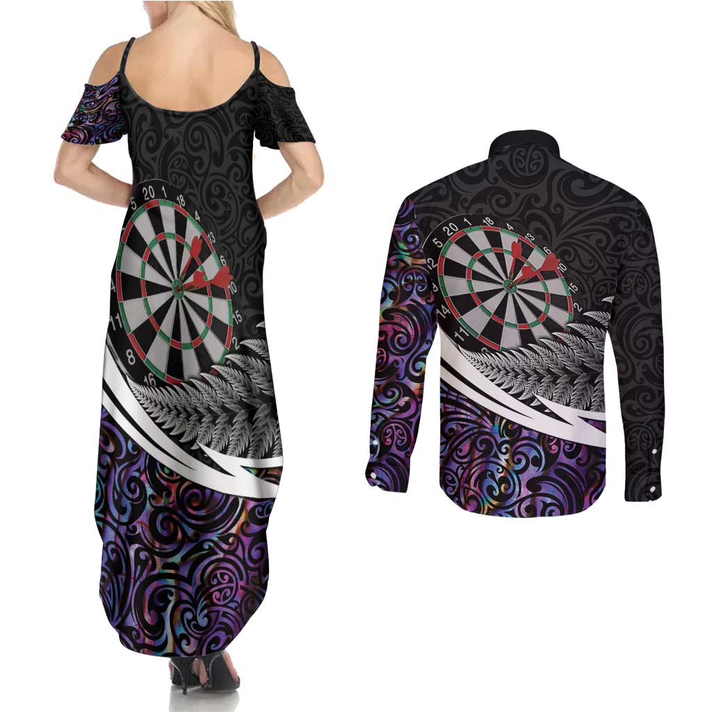 Personalized NZ Darts Couples Matching Summer Maxi Dress and Long Sleeve Button Shirt Paua Shell Maori Koru Whakairo - Purple - Aussie Hoodie