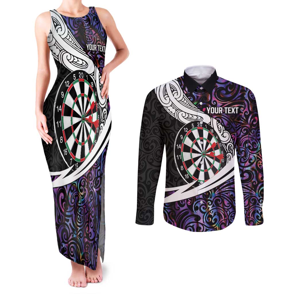 Personalized NZ Darts Couples Matching Tank Maxi Dress and Long Sleeve Button Shirt Paua Shell Maori Koru Whakairo - Purple - Aussie Hoodie
