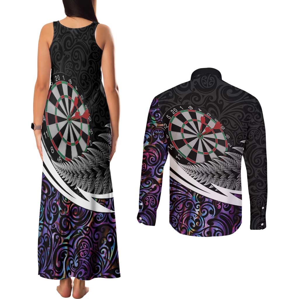 Personalized NZ Darts Couples Matching Tank Maxi Dress and Long Sleeve Button Shirt Paua Shell Maori Koru Whakairo - Purple - Aussie Hoodie