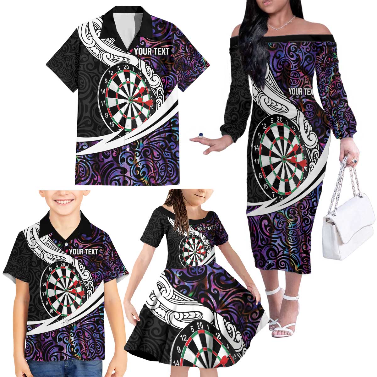 Personalized NZ Darts Family Matching Off The Shoulder Long Sleeve Dress and Hawaiian Shirt Paua Shell Maori Koru Whakairo - Purple - Aussie Hoodie