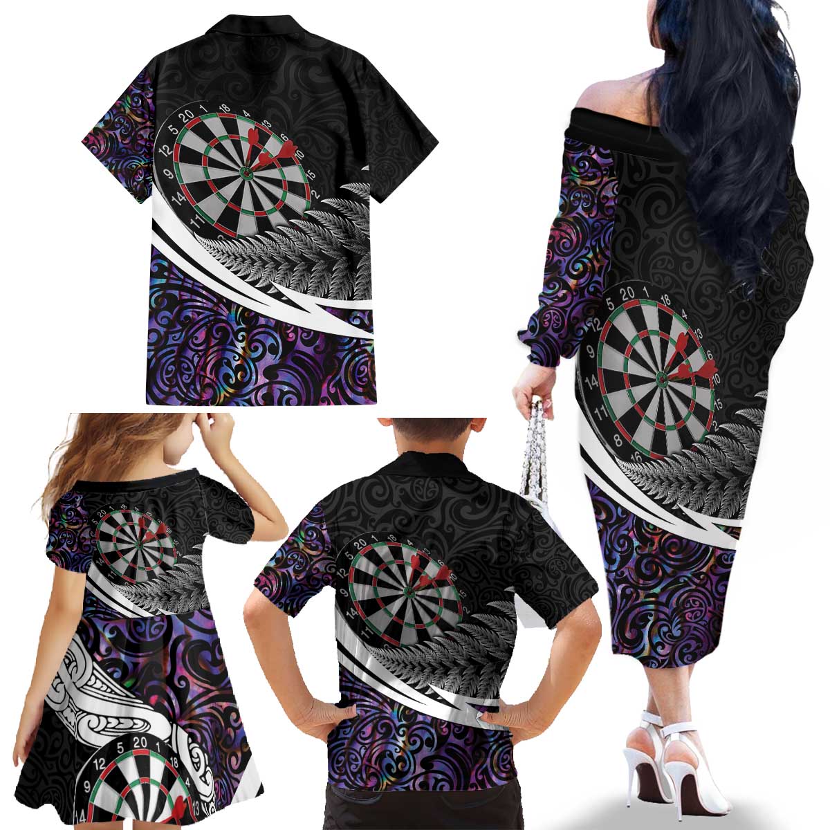 Personalized NZ Darts Family Matching Off The Shoulder Long Sleeve Dress and Hawaiian Shirt Paua Shell Maori Koru Whakairo - Purple - Aussie Hoodie