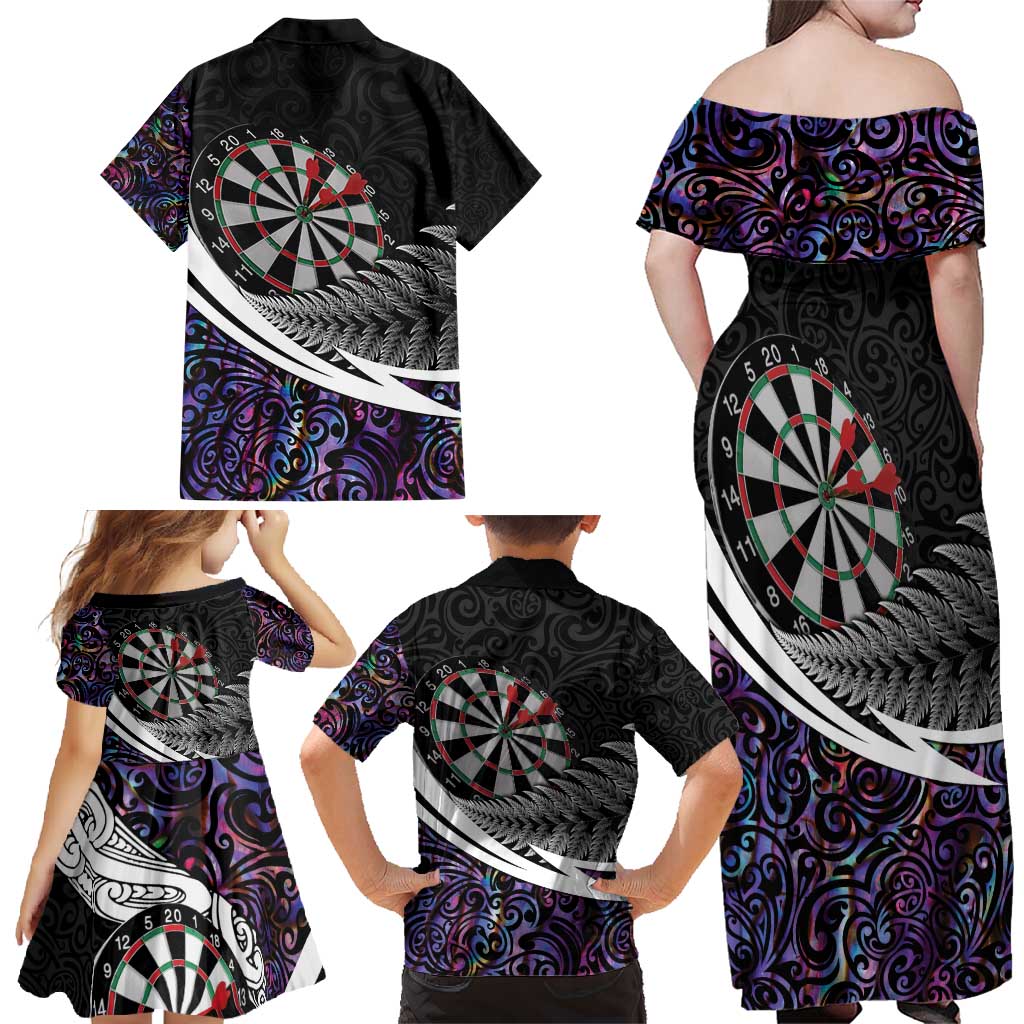 Personalized NZ Darts Family Matching Off Shoulder Maxi Dress and Hawaiian Shirt Paua Shell Maori Koru Whakairo - Purple - Aussie Hoodie