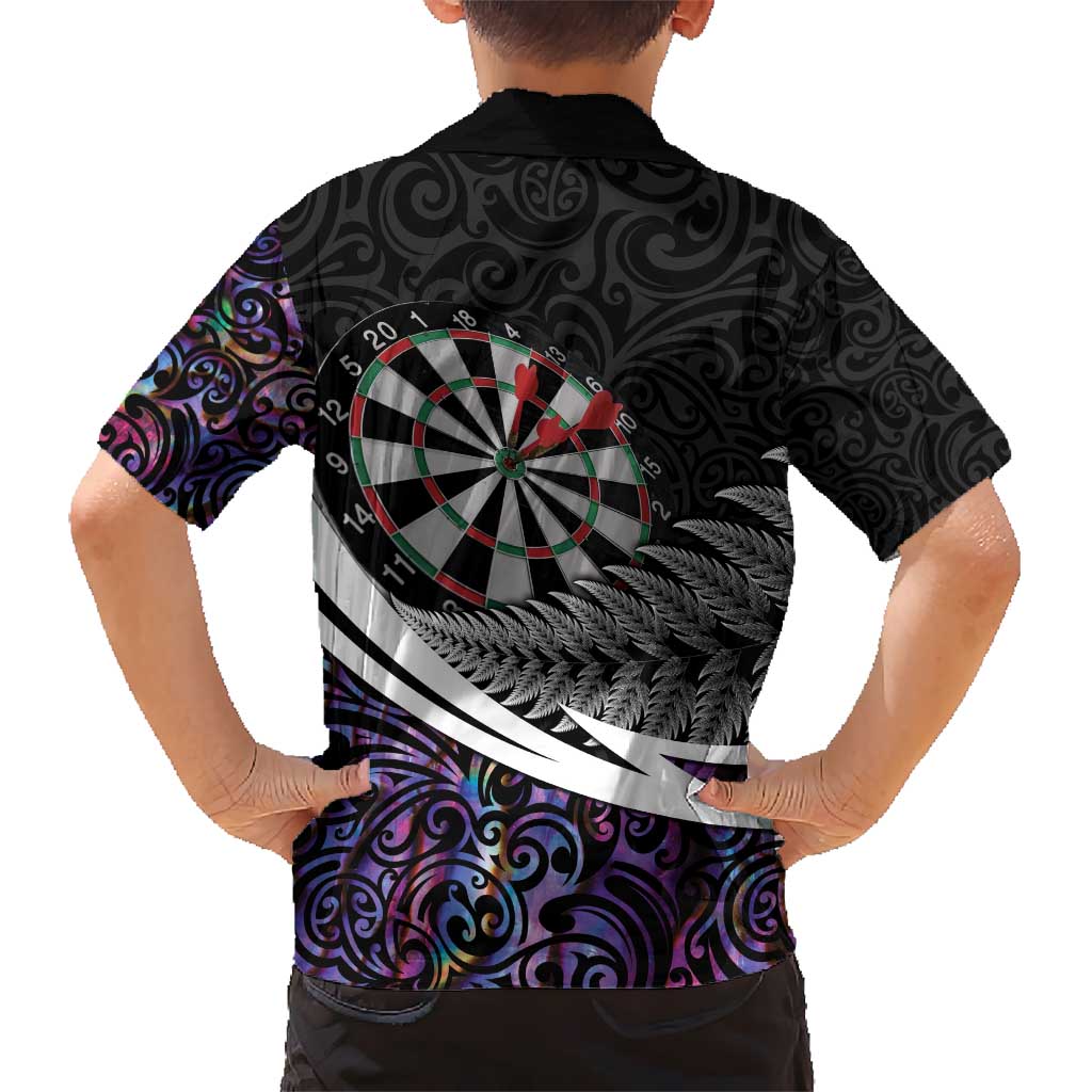 Personalized NZ Darts Kid Hawaiian Shirt Paua Shell Maori Koru Whakairo - Purple - Aussie Hoodie