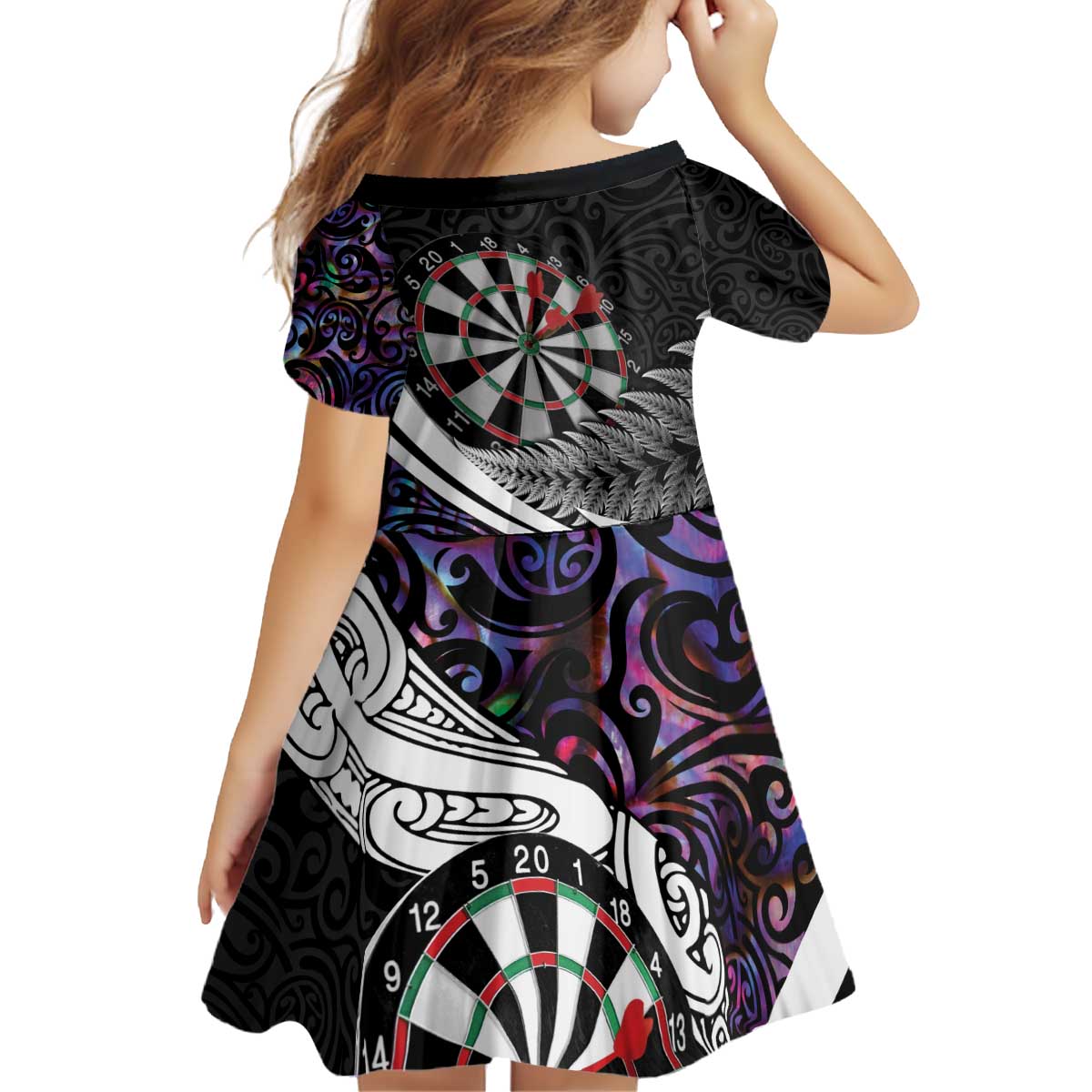 Personalized NZ Darts Kid Short Sleeve Dress Paua Shell Maori Koru Whakairo - Purple - Aussie Hoodie