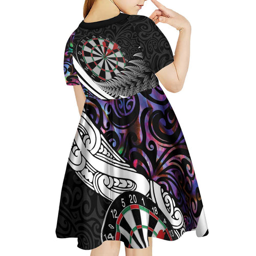 Personalized NZ Darts Kid Short Sleeve Dress Paua Shell Maori Koru Whakairo - Purple - Aussie Hoodie