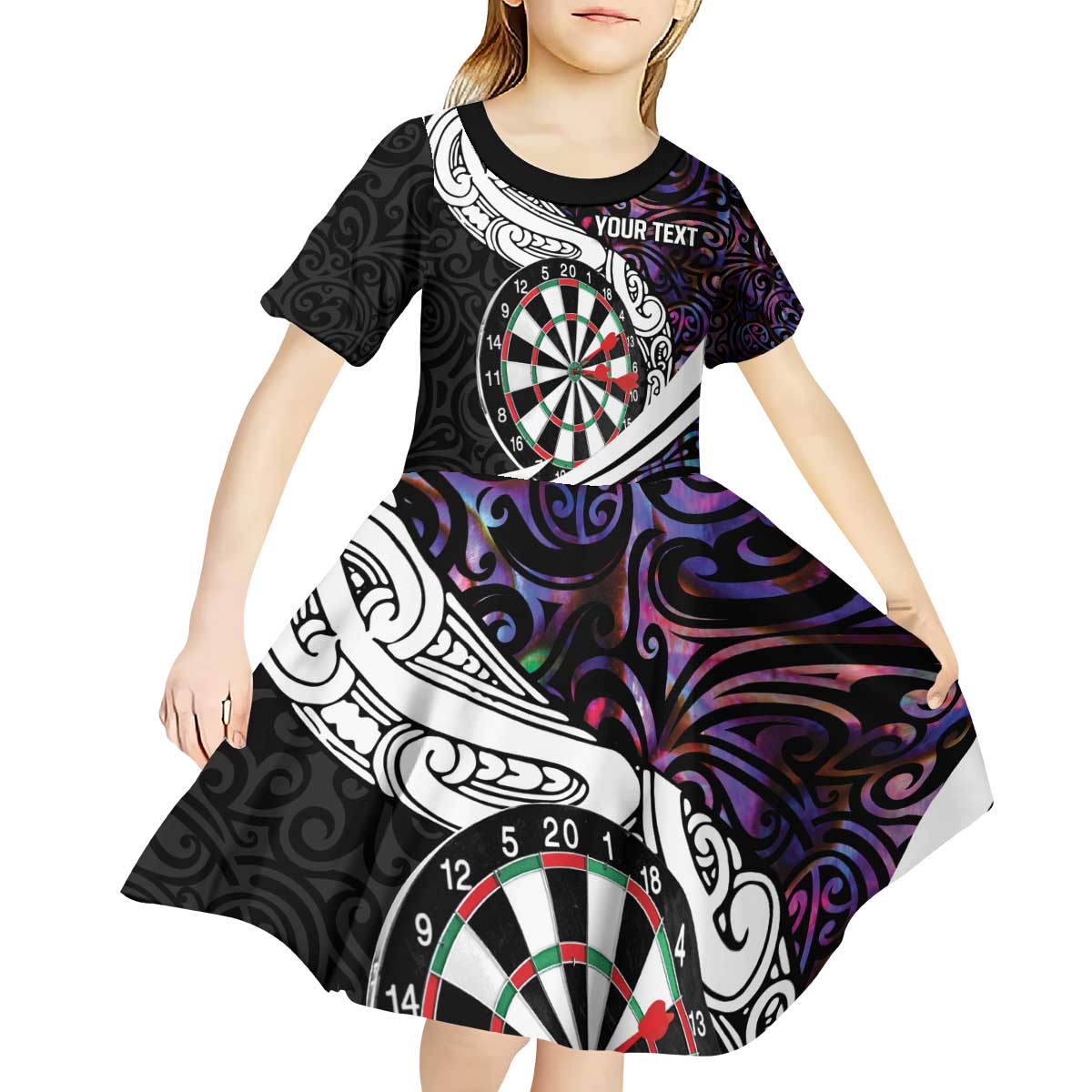 Personalized NZ Darts Kid Short Sleeve Dress Paua Shell Maori Koru Whakairo - Purple - Aussie Hoodie