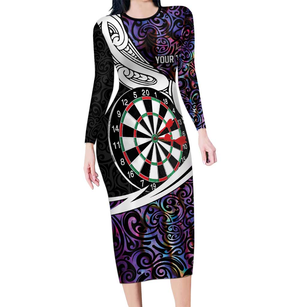 Personalized NZ Darts Long Sleeve Bodycon Dress Paua Shell Maori Koru Whakairo - Purple - Aussie Hoodie