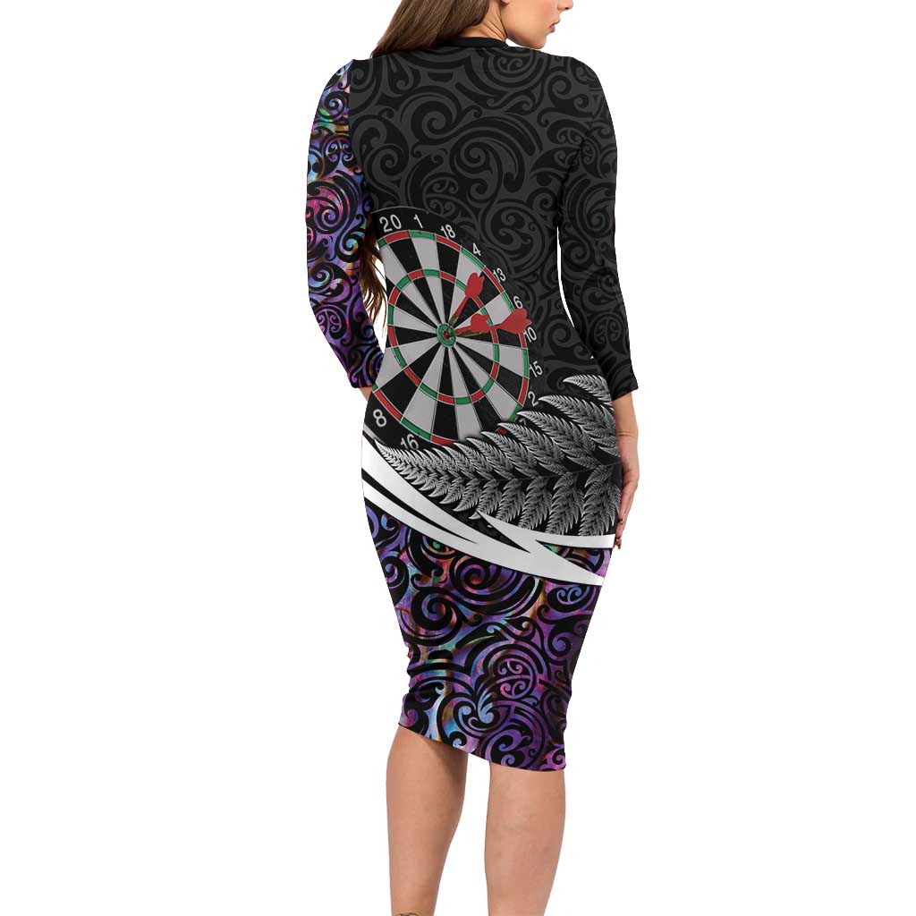 Personalized NZ Darts Long Sleeve Bodycon Dress Paua Shell Maori Koru Whakairo - Purple - Aussie Hoodie