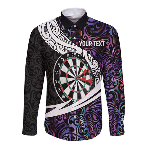 Personalized NZ Darts Long Sleeve Button Shirt Paua Shell Maori Koru Whakairo - Purple - Aussie Hoodie