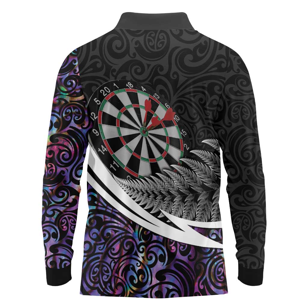 Personalized NZ Darts Long Sleeve Polo Shirt Paua Shell Maori Koru Whakairo - Purple - Aussie Hoodie