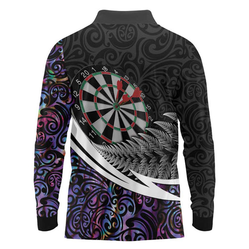 Personalized NZ Darts Long Sleeve Polo Shirt Paua Shell Maori Koru Whakairo - Purple - Aussie Hoodie