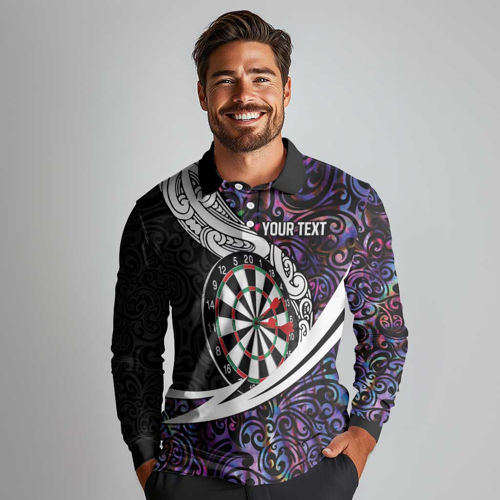 Personalized NZ Darts Long Sleeve Polo Shirt Paua Shell Maori Koru Whakairo - Purple - Aussie Hoodie
