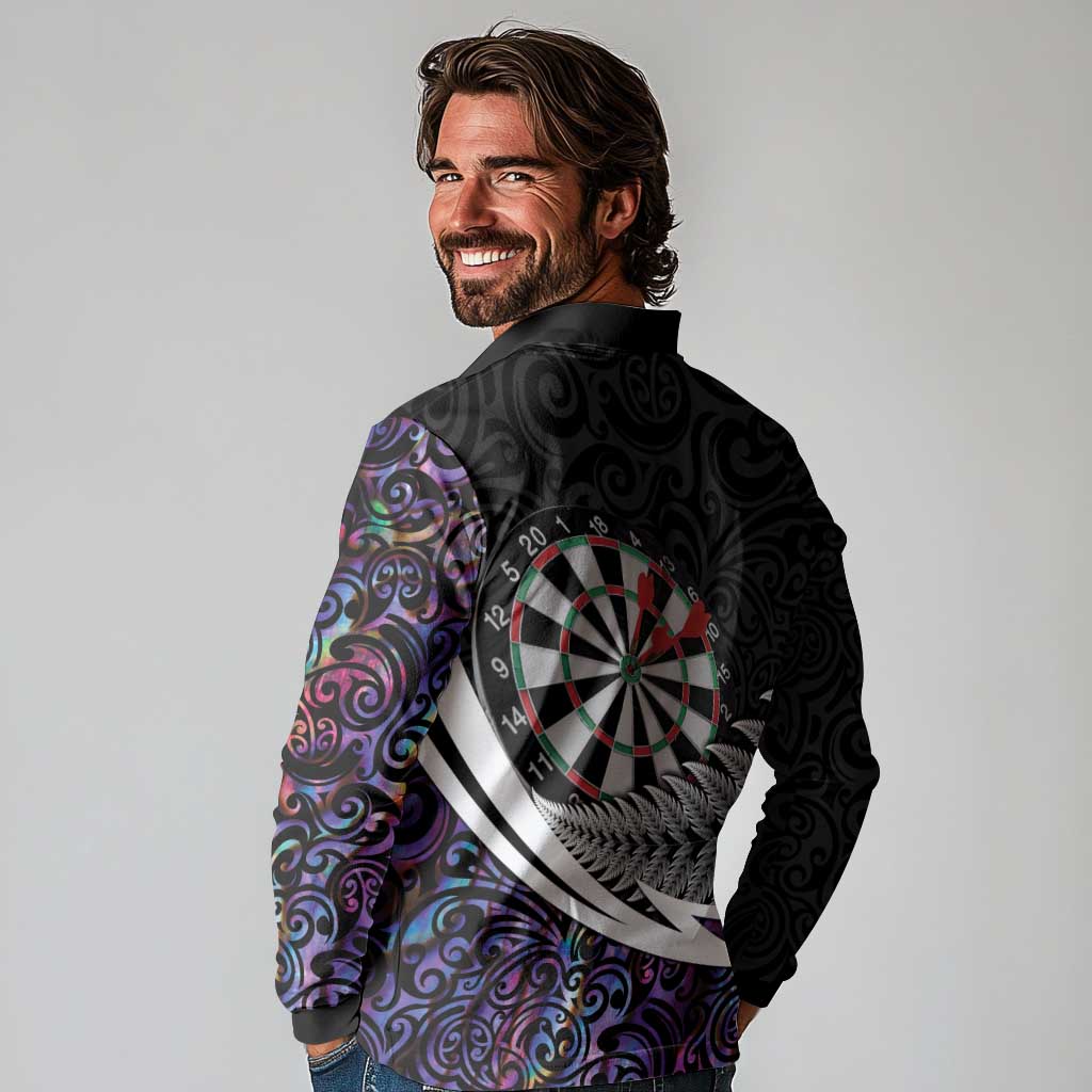 Personalized NZ Darts Long Sleeve Polo Shirt Paua Shell Maori Koru Whakairo - Purple - Aussie Hoodie