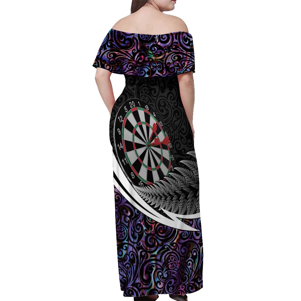 Personalized NZ Darts Off Shoulder Maxi Dress Paua Shell Maori Koru Whakairo - Purple - Aussie Hoodie