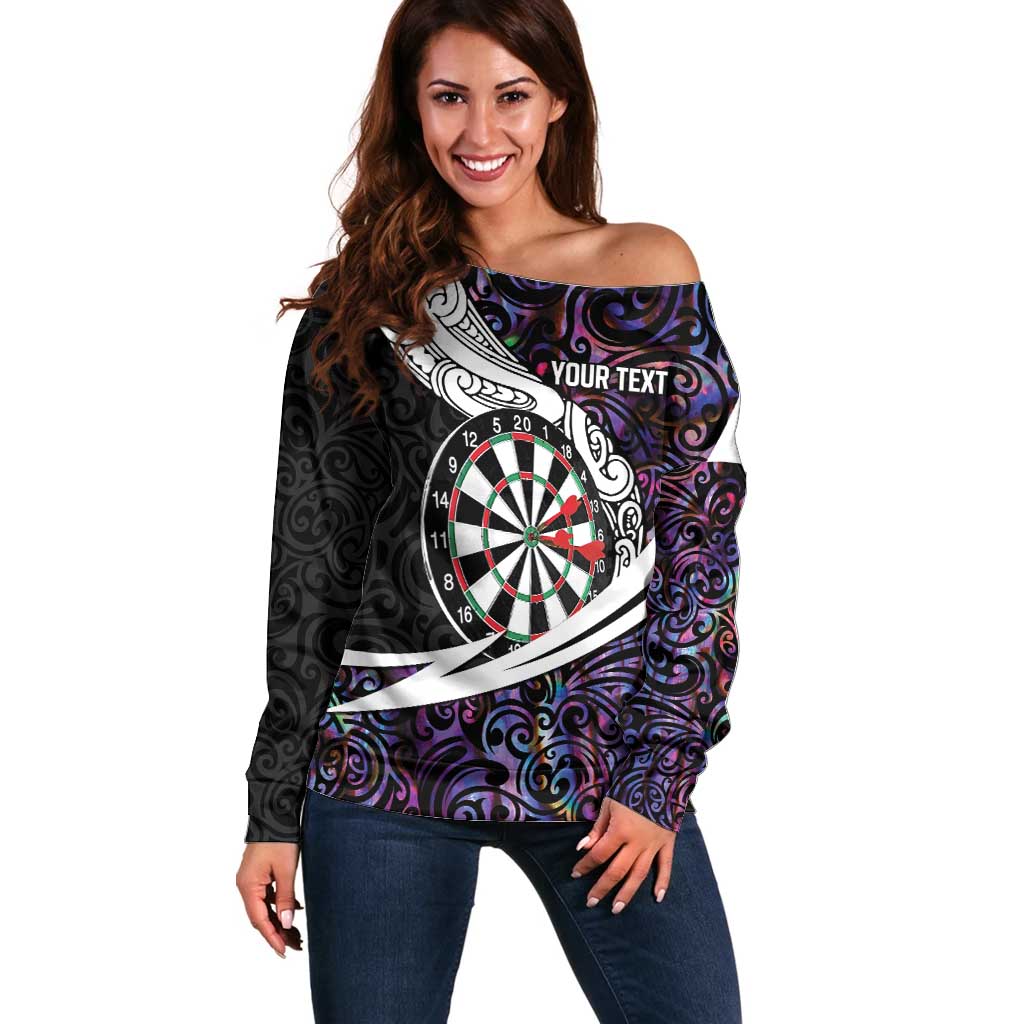 Personalized NZ Darts Off Shoulder Sweater Paua Shell Maori Koru Whakairo - Purple - Aussie Hoodie