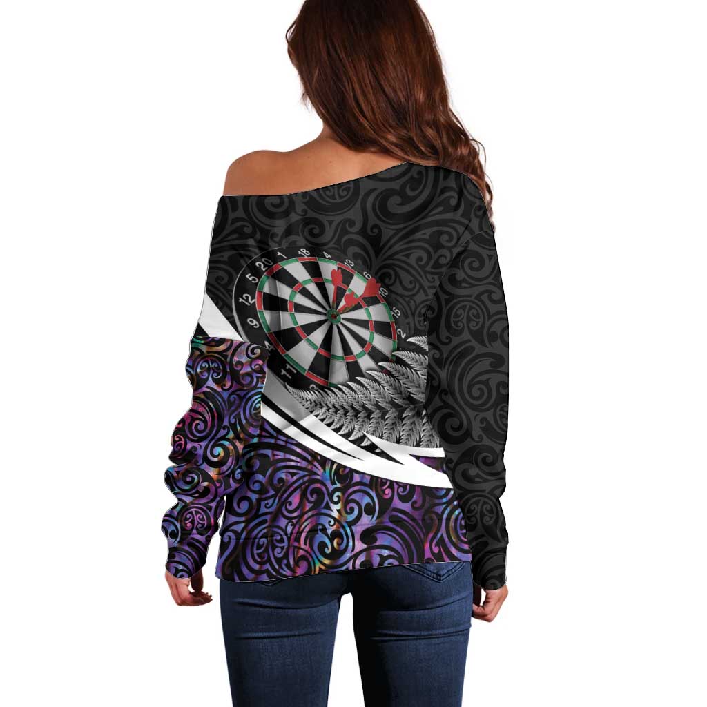 Personalized NZ Darts Off Shoulder Sweater Paua Shell Maori Koru Whakairo - Purple - Aussie Hoodie