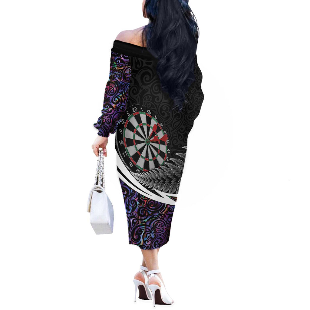 Personalized NZ Darts Off The Shoulder Long Sleeve Dress Paua Shell Maori Koru Whakairo - Purple - Aussie Hoodie