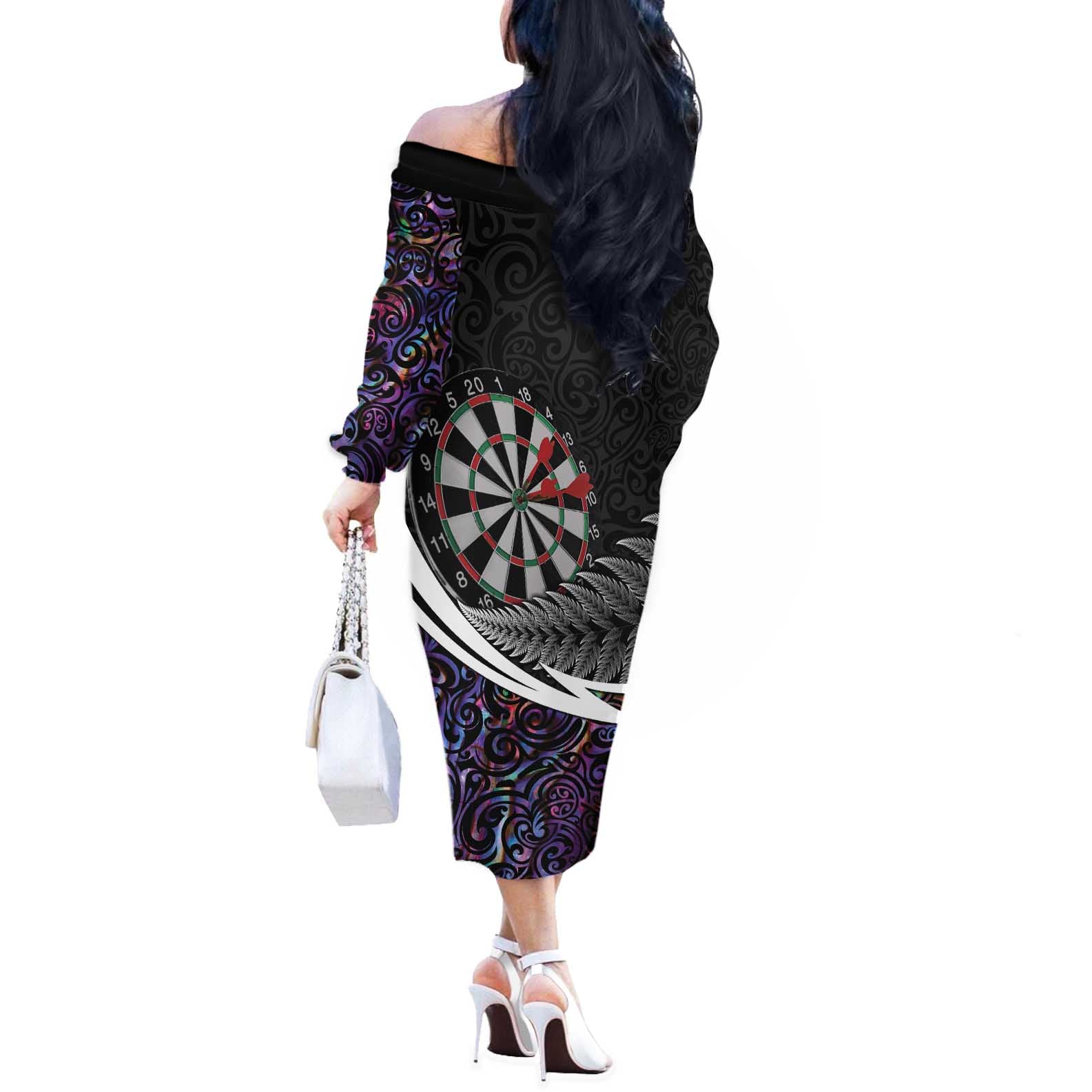 Personalized NZ Darts Off The Shoulder Long Sleeve Dress Paua Shell Maori Koru Whakairo - Purple - Aussie Hoodie