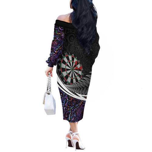 Personalized NZ Darts Off The Shoulder Long Sleeve Dress Paua Shell Maori Koru Whakairo - Purple - Aussie Hoodie