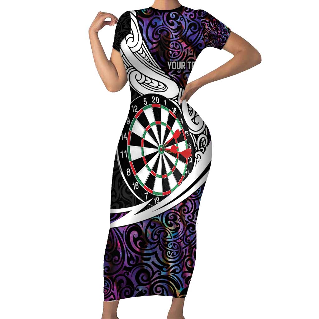 Personalized NZ Darts Short Sleeve Bodycon Dress Paua Shell Maori Koru Whakairo - Purple - Aussie Hoodie