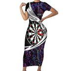 Personalized NZ Darts Short Sleeve Bodycon Dress Paua Shell Maori Koru Whakairo - Purple - Aussie Hoodie