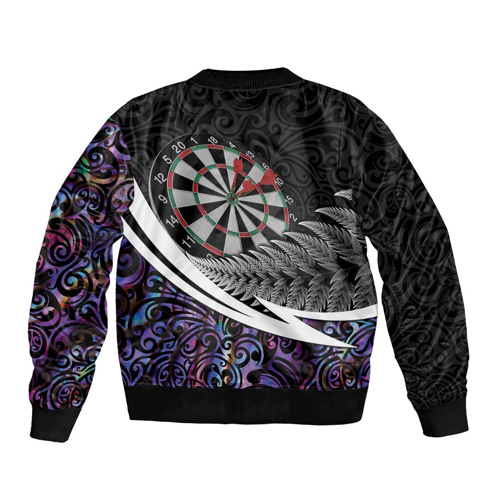 Personalized NZ Darts Sleeve Zip Bomber Jacket Paua Shell Maori Koru Whakairo - Purple - Aussie Hoodie