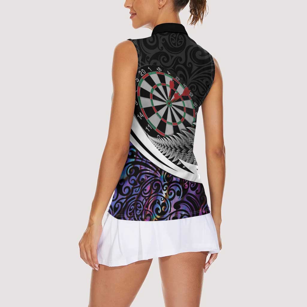 Personalized NZ Darts Women Sleeveless Polo Shirt Paua Shell Maori Koru Whakairo - Purple - Aussie Hoodie