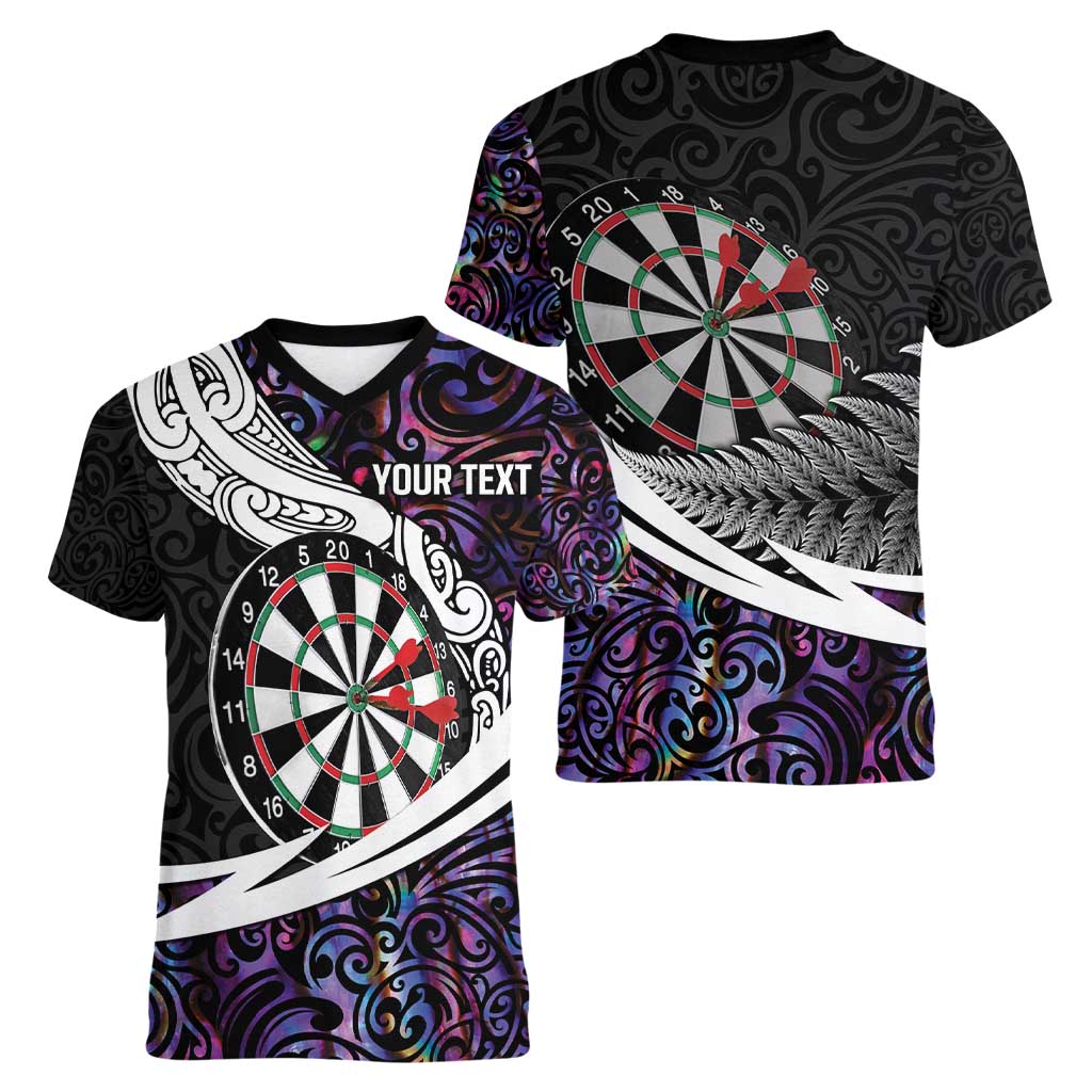 Personalized NZ Darts Women V-Neck T-Shirt Paua Shell Maori Koru Whakairo - Purple - Aussie Hoodie