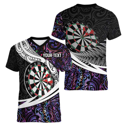 Personalized NZ Darts Women V-Neck T-Shirt Paua Shell Maori Koru Whakairo - Purple - Aussie Hoodie