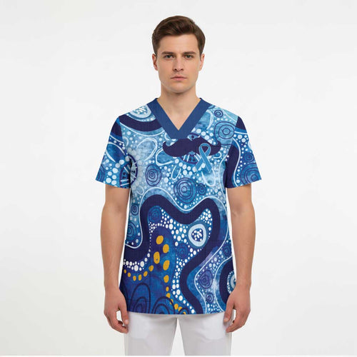 Australia Indigenous Blue Ribbon Scrub Top Mo Bros Mustache - Aussie Hoodie