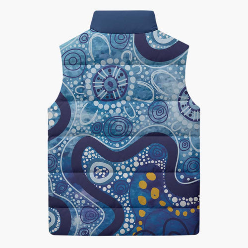 Australia Indigenous Blue Ribbon Sleeveless Puffer Jacket Mo Bros Mustache - Aussie Hoodie