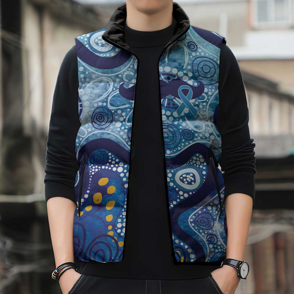 Australia Indigenous Blue Ribbon Sleeveless Puffer Jacket Mo Bros Mustache - Aussie Hoodie