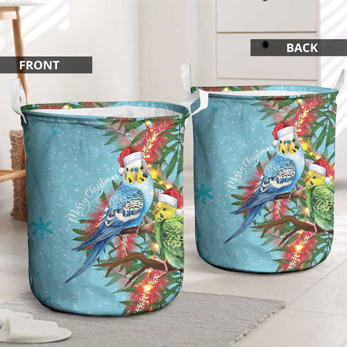 Blue Budgies on Callistemon Laundry Basket Merry Christmas Aussie - Aussie Hoodie