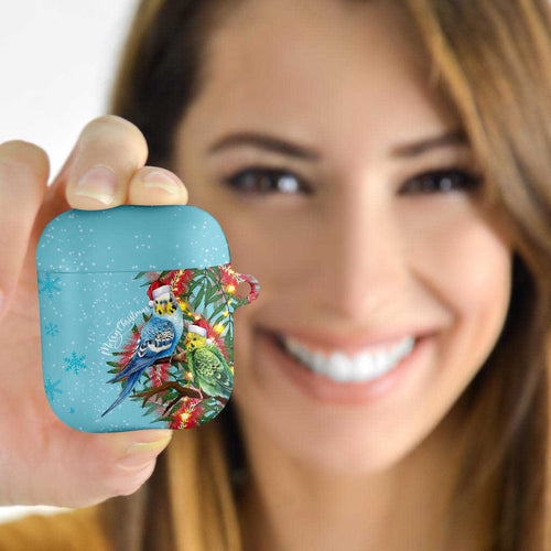 Blue Budgies on Callistemon AirPods Case Merry Christmas Aussie - Aussie Hoodie