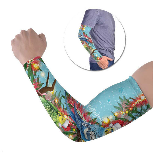Blue Budgies on Callistemon Arm Sleeves Merry Christmas Aussie - Aussie Hoodie