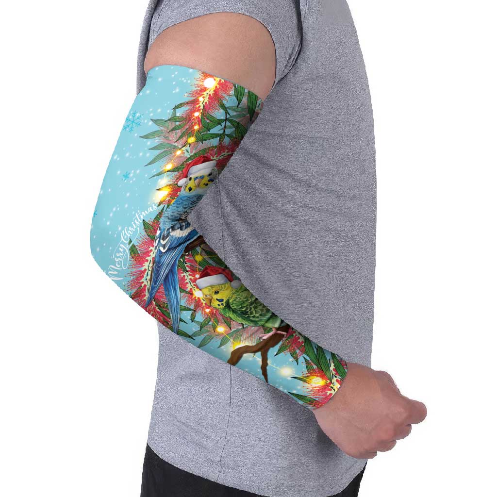 Blue Budgies on Callistemon Arm Sleeves Merry Christmas Aussie - Aussie Hoodie