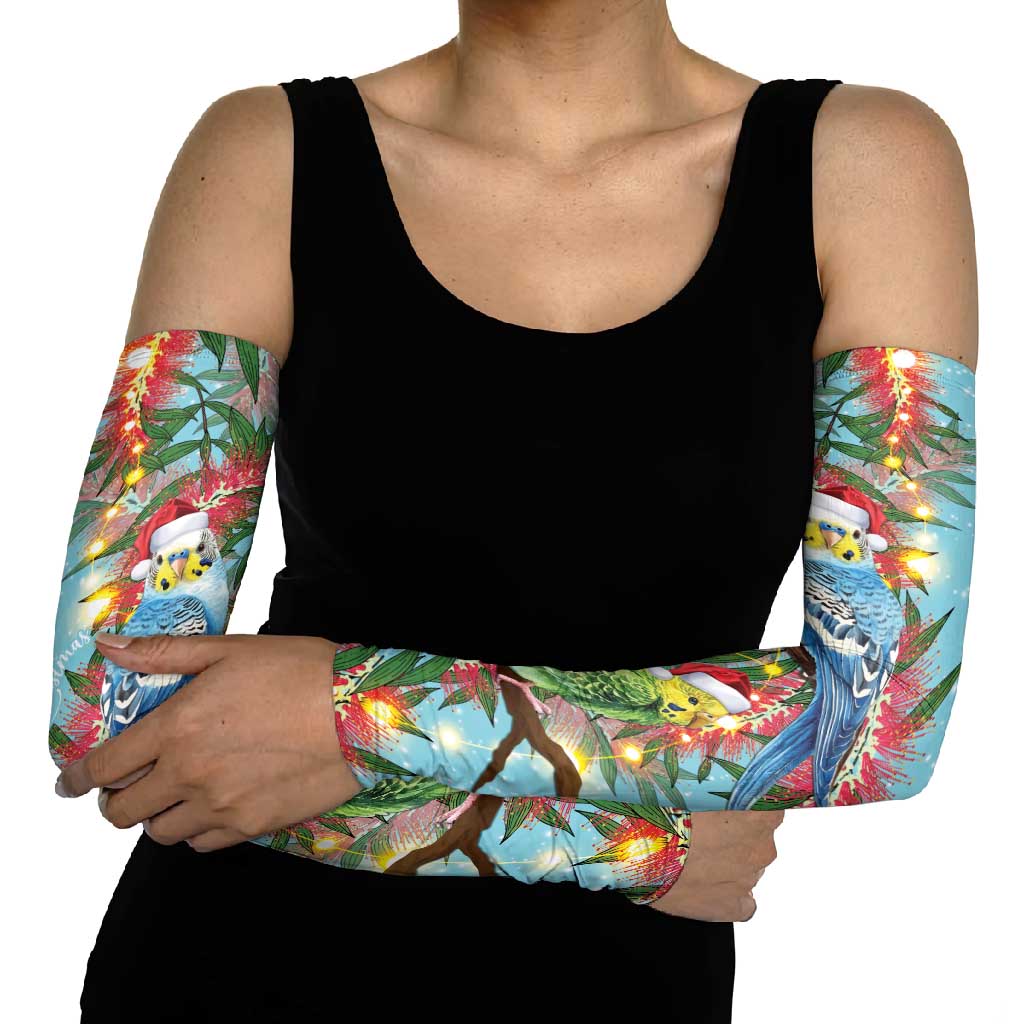Blue Budgies on Callistemon Arm Sleeves Merry Christmas Aussie - Aussie Hoodie