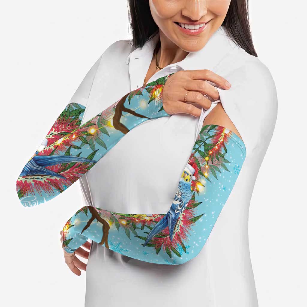 Blue Budgies on Callistemon Arm Sleeves Merry Christmas Aussie - Aussie Hoodie
