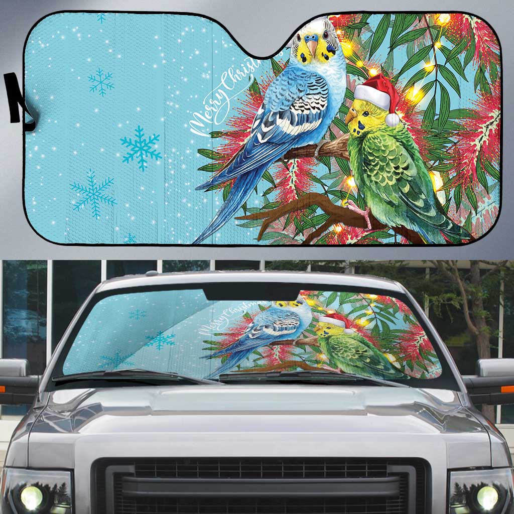 Blue Budgies on Callistemon Auto Sun Shade Merry Christmas Aussie - Aussie Hoodie