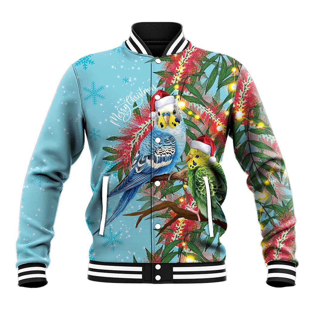 Blue Budgies on Callistemon Baseball Jacket Merry Christmas Aussie - Aussie Hoodie