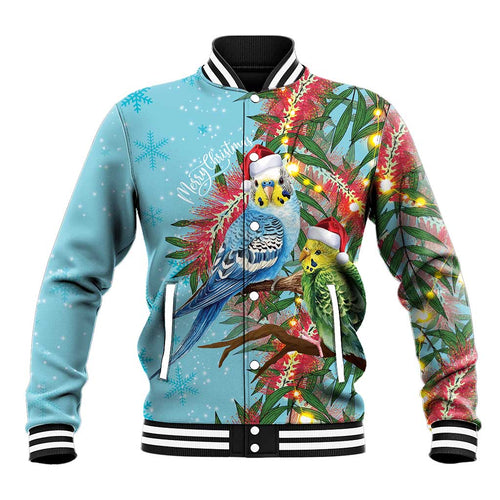 Blue Budgies on Callistemon Baseball Jacket Merry Christmas Aussie - Aussie Hoodie