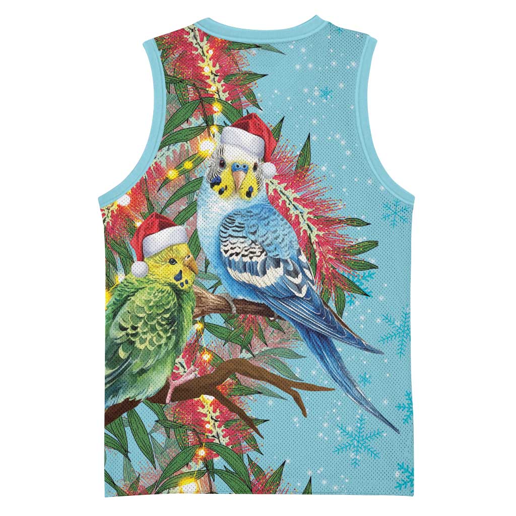 Blue Budgies on Callistemon Basketball Jersey Merry Christmas Aussie - Aussie Hoodie