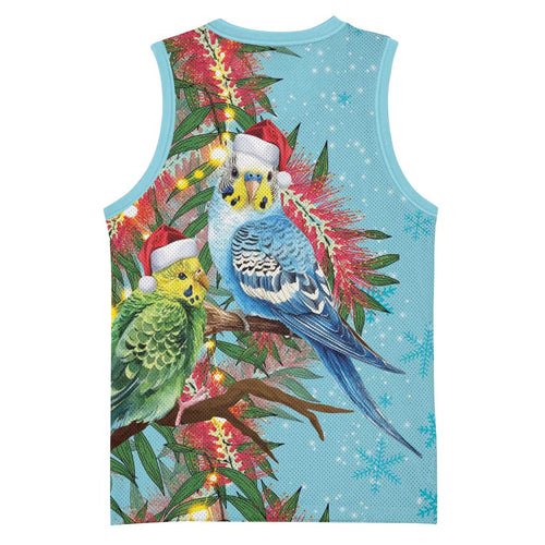Blue Budgies on Callistemon Basketball Jersey Merry Christmas Aussie - Aussie Hoodie