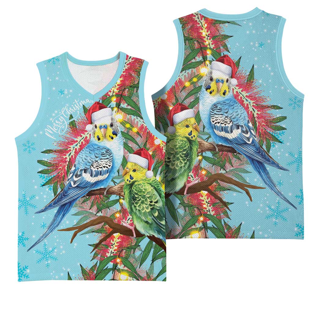 Blue Budgies on Callistemon Basketball Jersey Merry Christmas Aussie - Aussie Hoodie