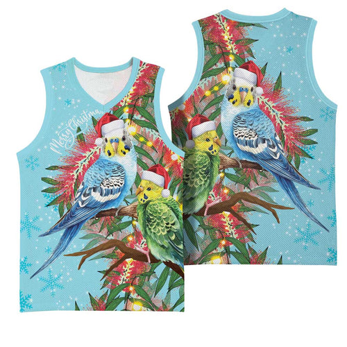 Blue Budgies on Callistemon Basketball Jersey Merry Christmas Aussie - Aussie Hoodie