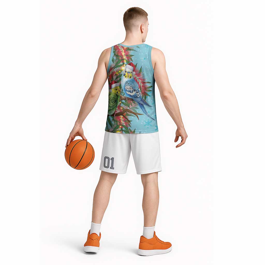 Blue Budgies on Callistemon Basketball Jersey Merry Christmas Aussie - Aussie Hoodie