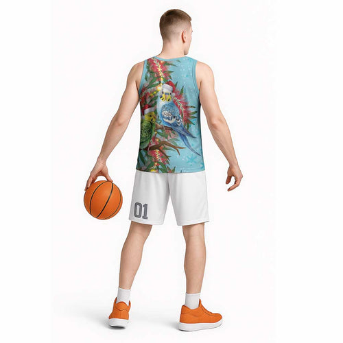 Blue Budgies on Callistemon Basketball Jersey Merry Christmas Aussie - Aussie Hoodie