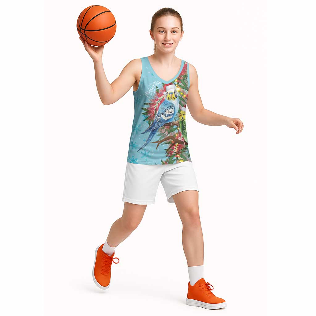 Blue Budgies on Callistemon Basketball Jersey Merry Christmas Aussie - Aussie Hoodie