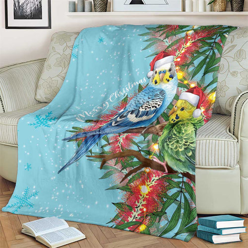 Blue Budgies on Callistemon Blanket Merry Christmas Aussie - Aussie Hoodie