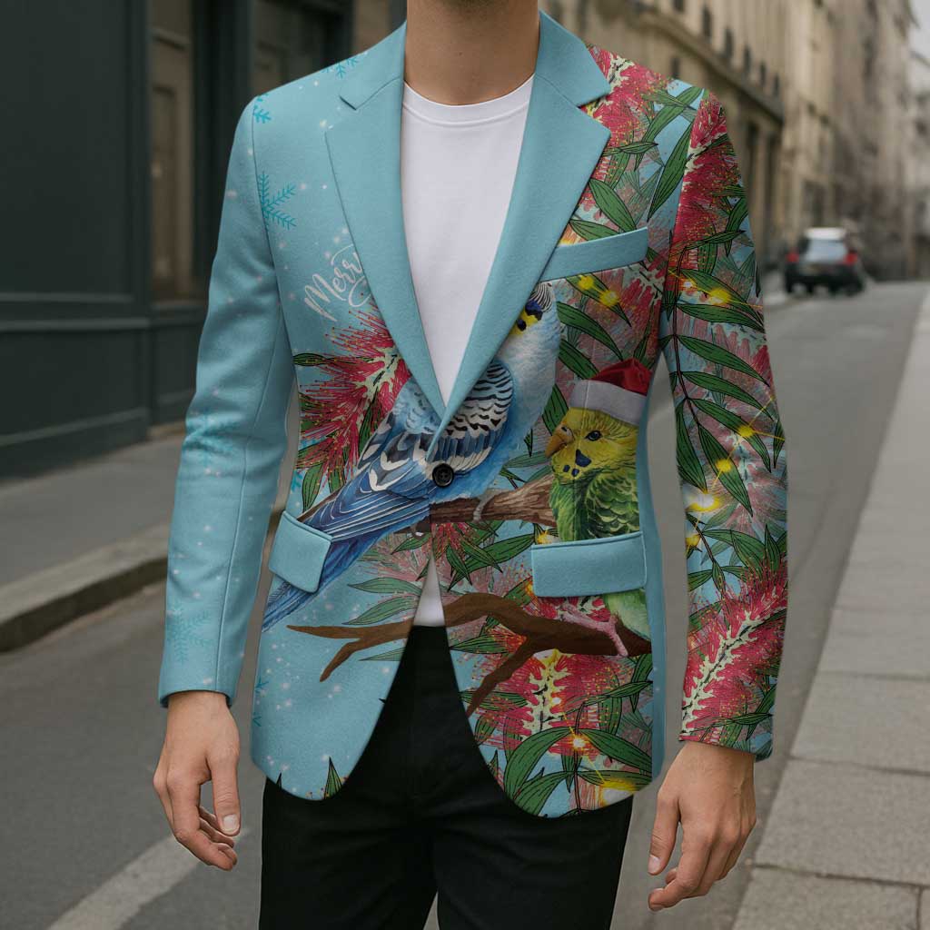 Blue Budgies on Callistemon Blazer Merry Christmas Aussie - Aussie Hoodie